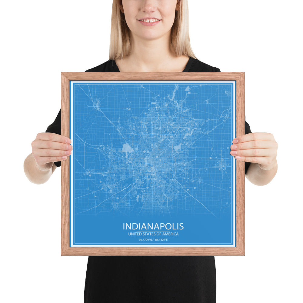 Indianapolis Blue and White Framed Map