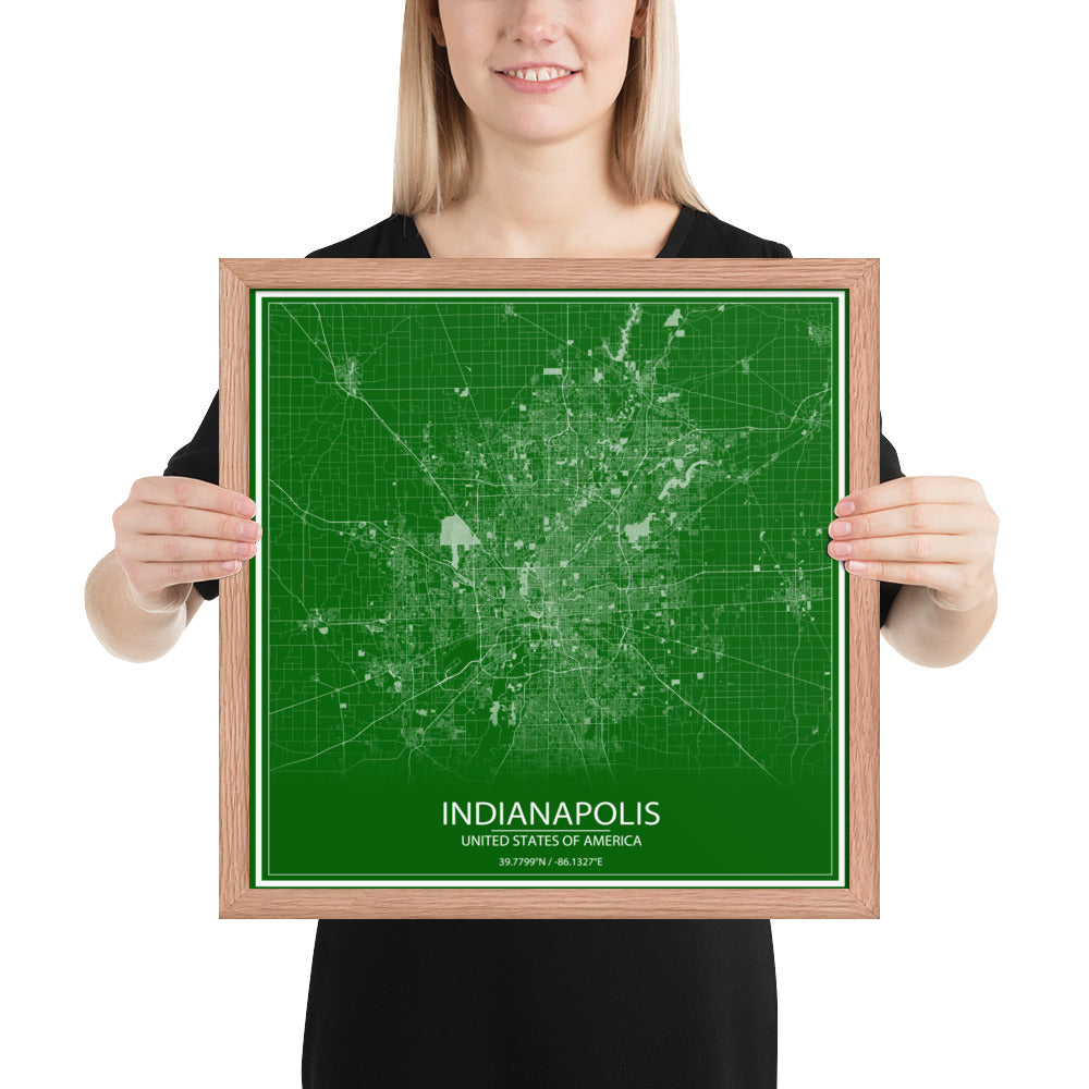 Indianapolis Green and White Framed Map