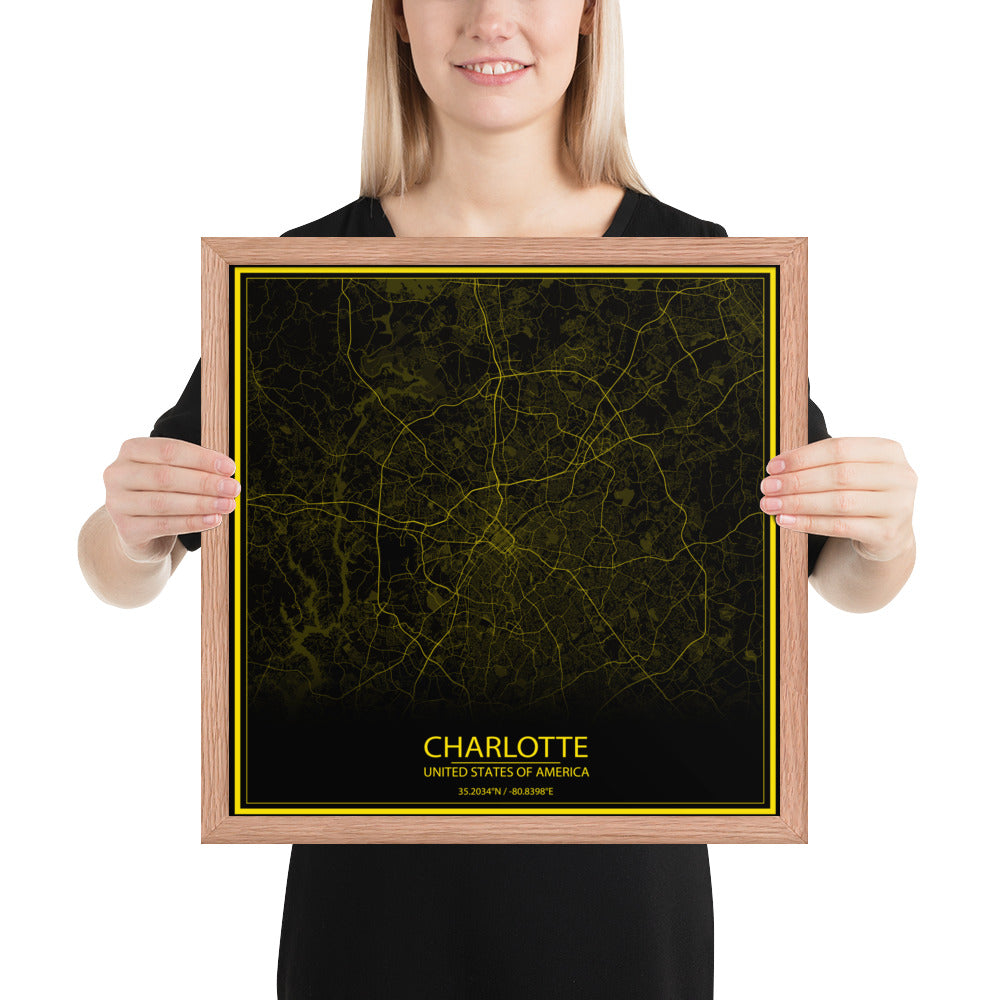 Charlotte Black and Yellow Framed Map