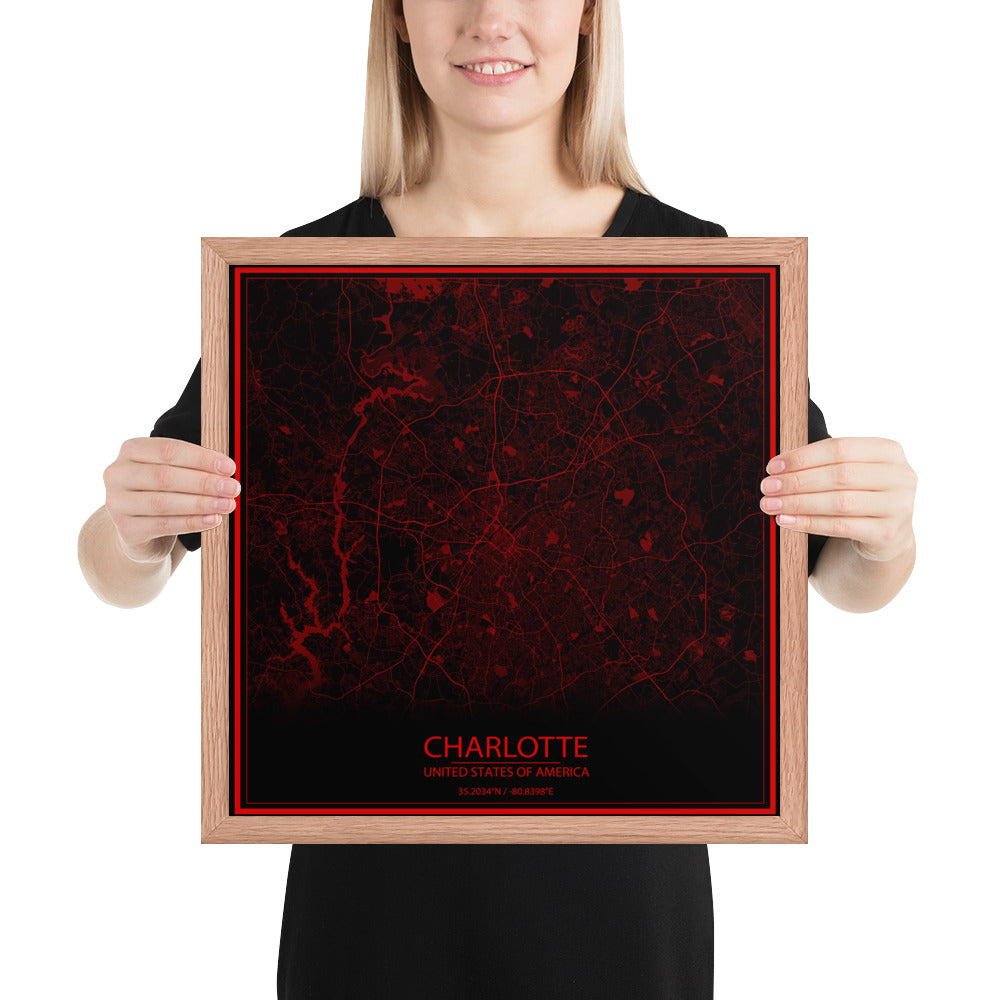 Charlotte Black and Red Framed Map