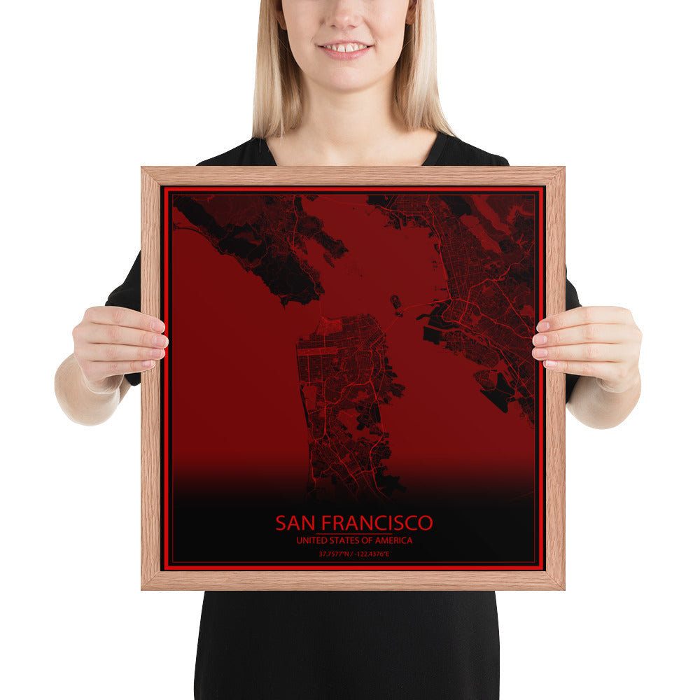 San Francisco Black and Red Framed Map