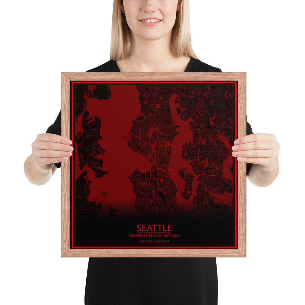 Seattle Black and Red Framed Map