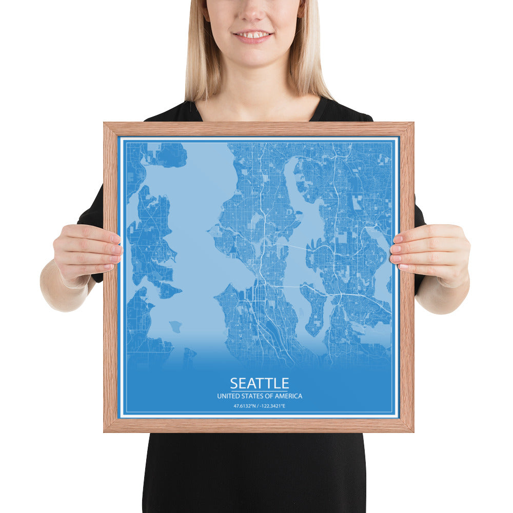 Seattle Blue and White Framed Map