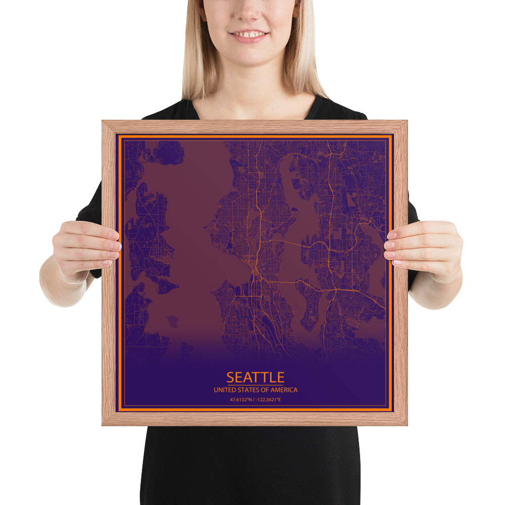 Seattle Purple and Orange Framed Map