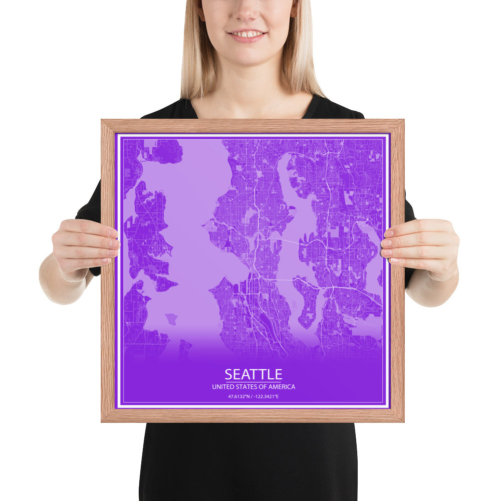 Seattle Purple and White Framed Map