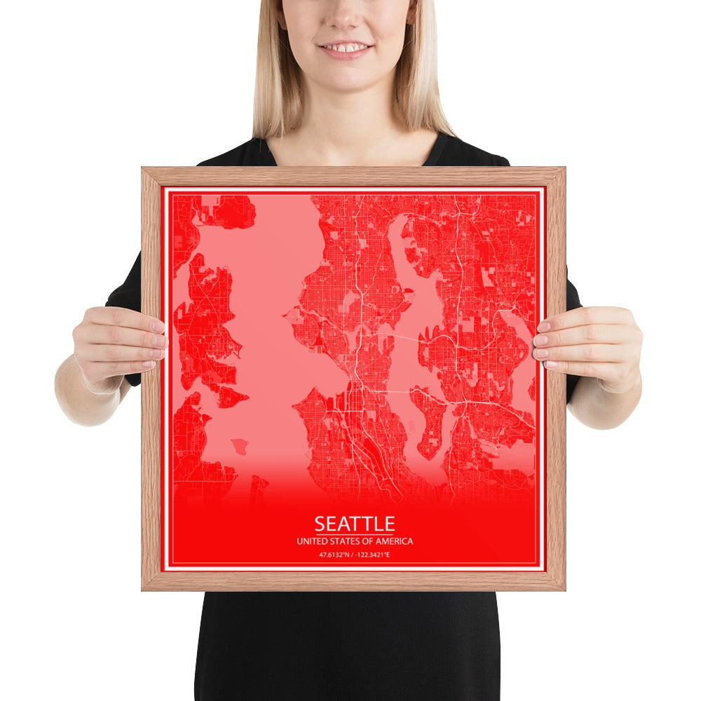 Seattle Red and White Framed Map