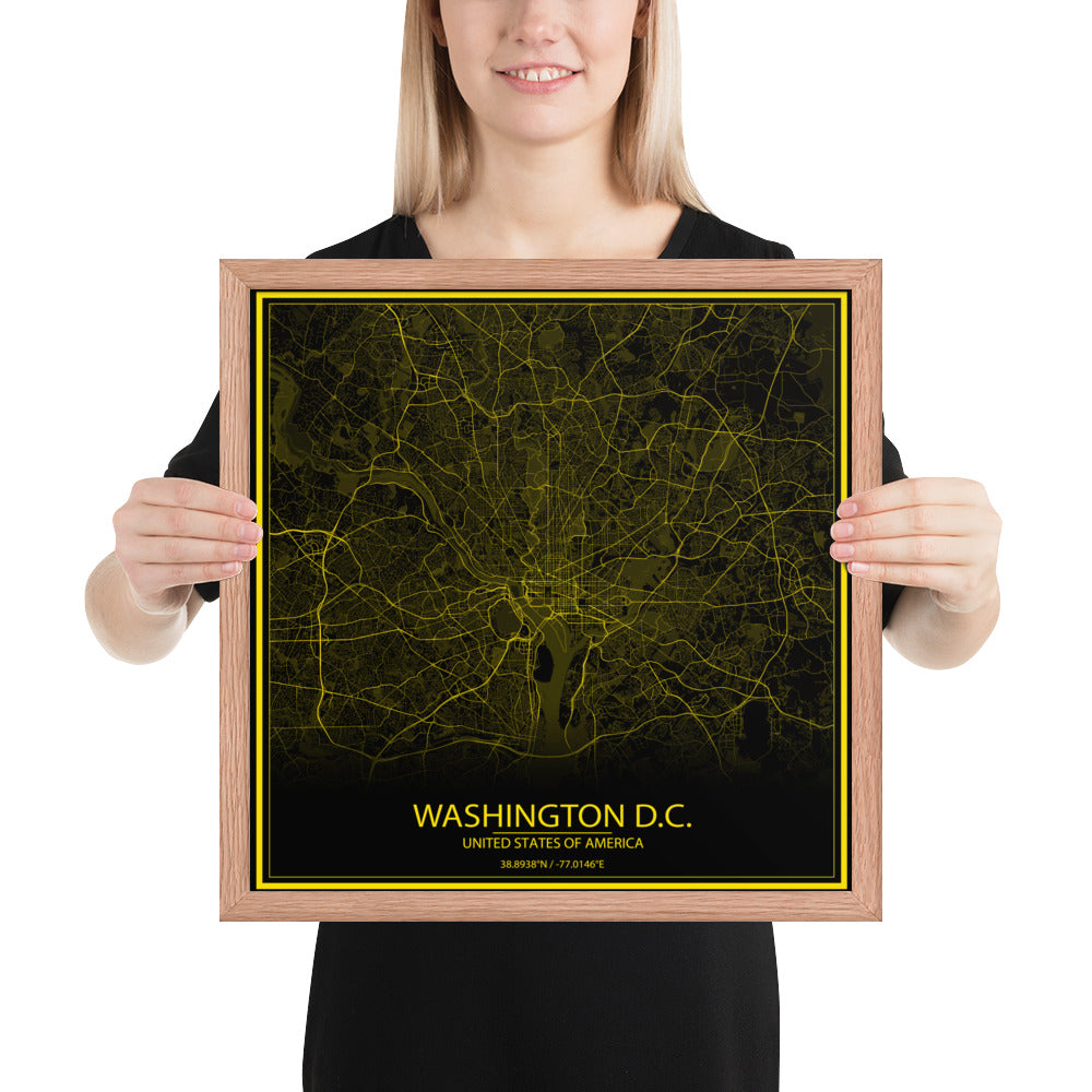 Washington, D.C. Black and Yellow Framed Map