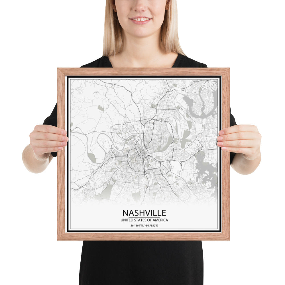 Nashville White Framed Map