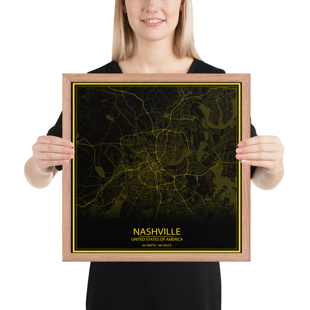 Nashville Black and Yellow Framed Map