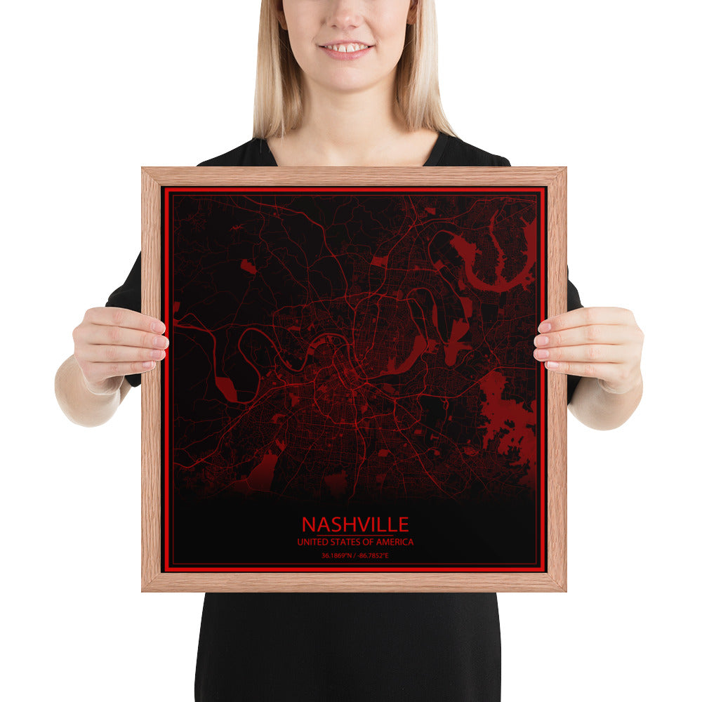 Nashville Black and Red Framed Map