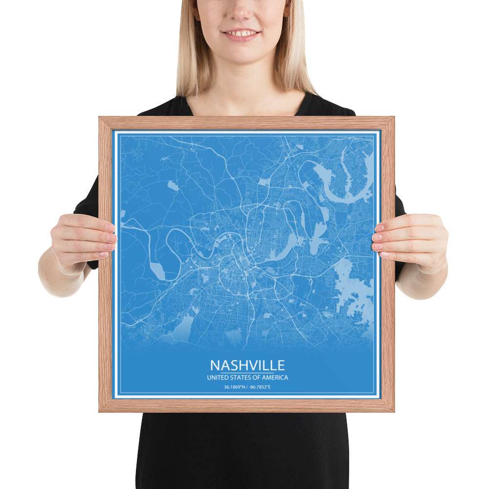 Nashville Blue and White Framed Map