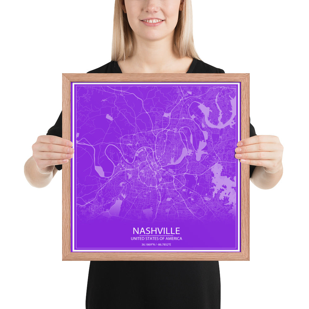 Nashville Purple and White Framed Map