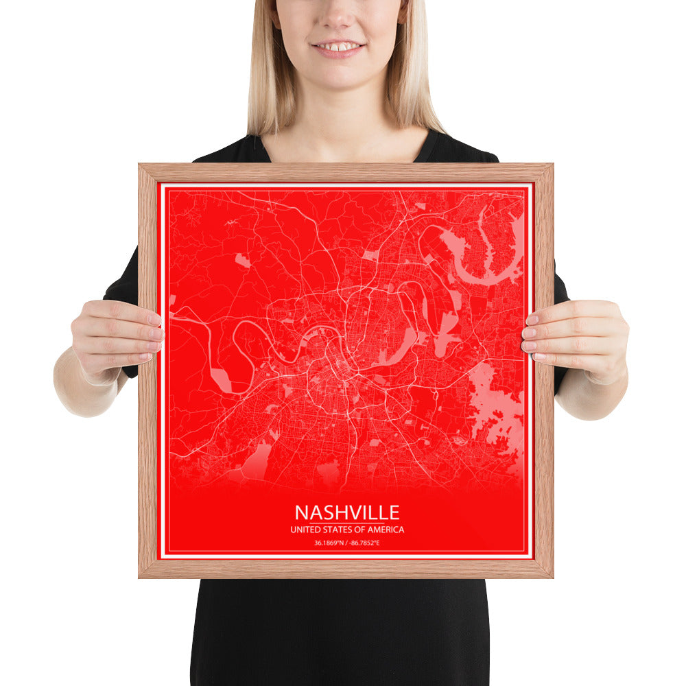 Nashville Red and White Framed Map