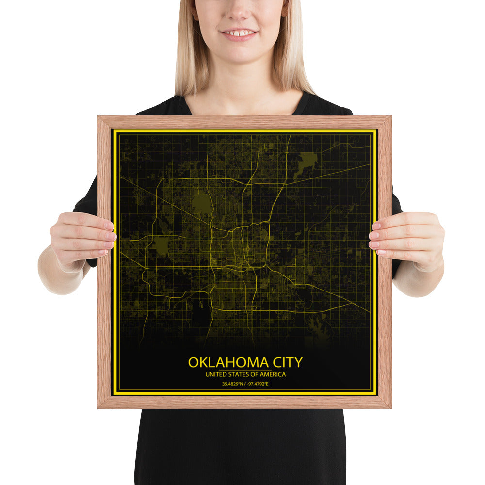 Oklahoma City Black and Yellow Framed Map