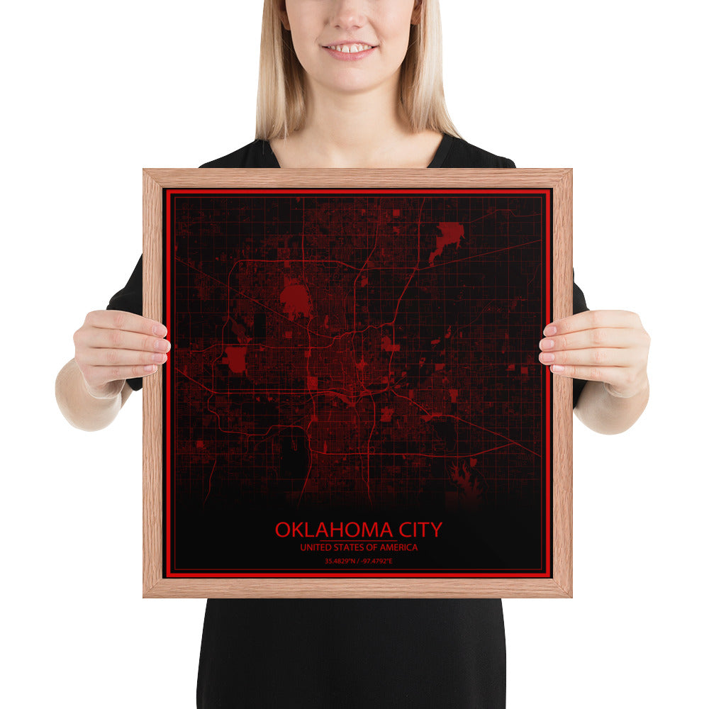 Oklahoma City Black and Red Framed Map