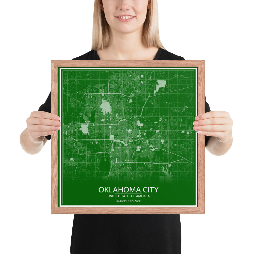 Oklahoma City Green and White Framed Map