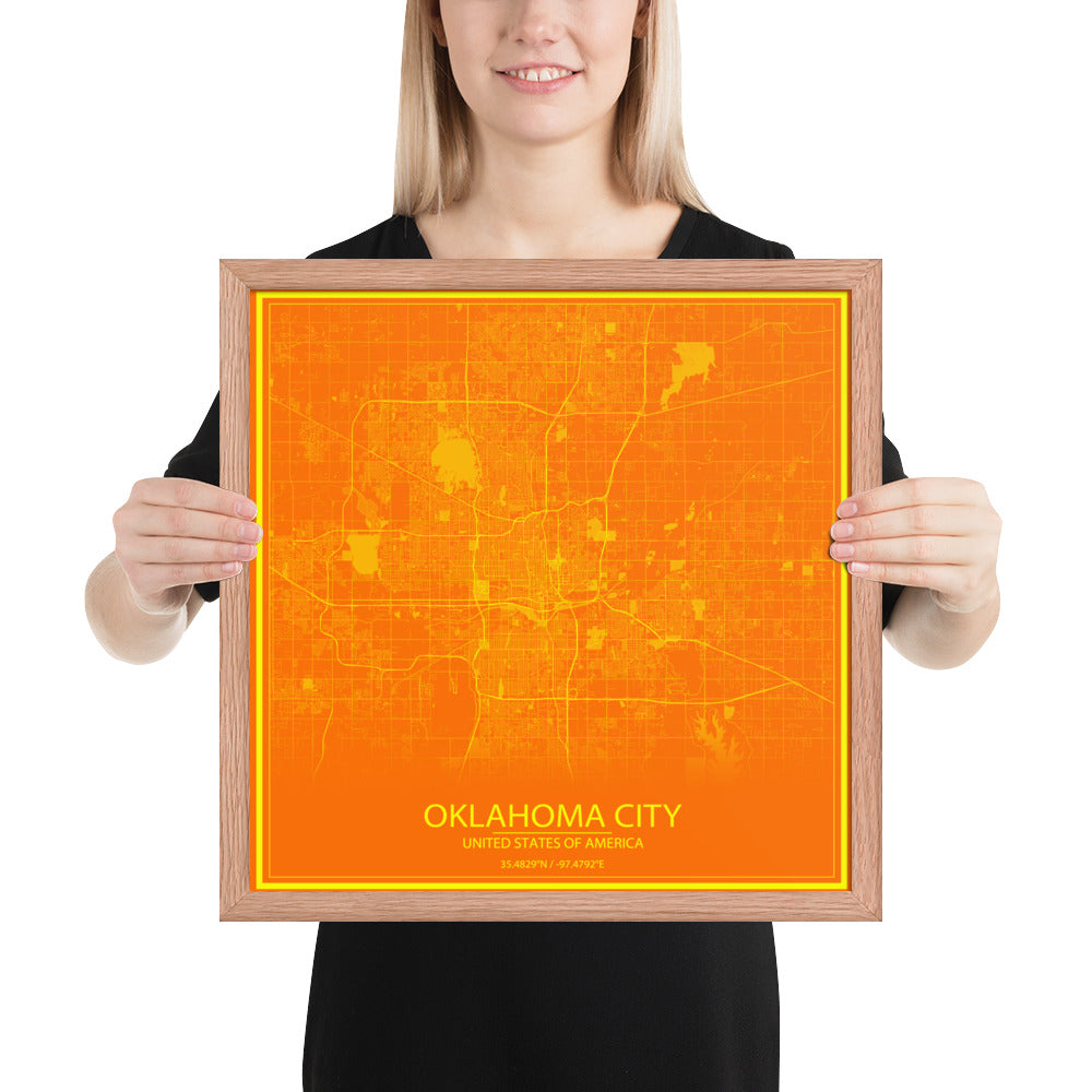 Oklahoma City Orange and Yellow Framed Map