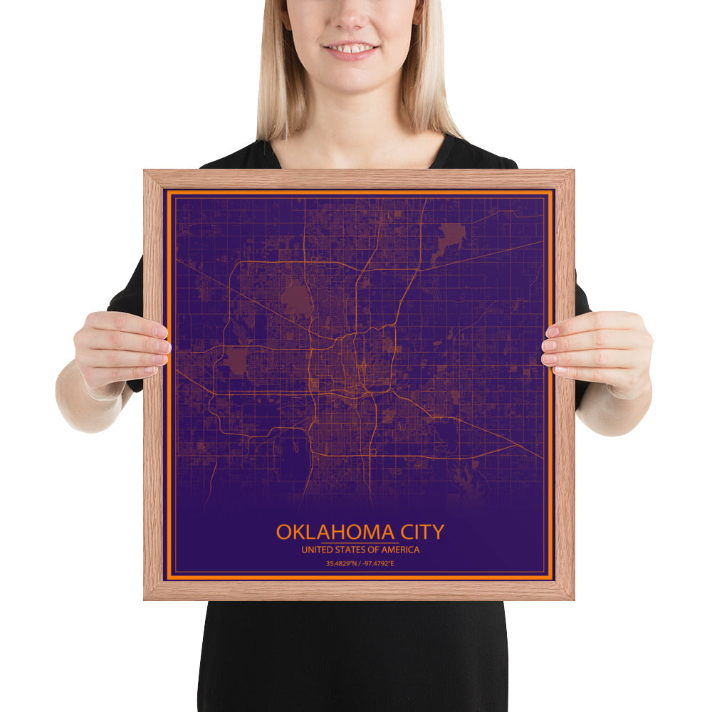 Oklahoma City Purple and Orange Framed Map