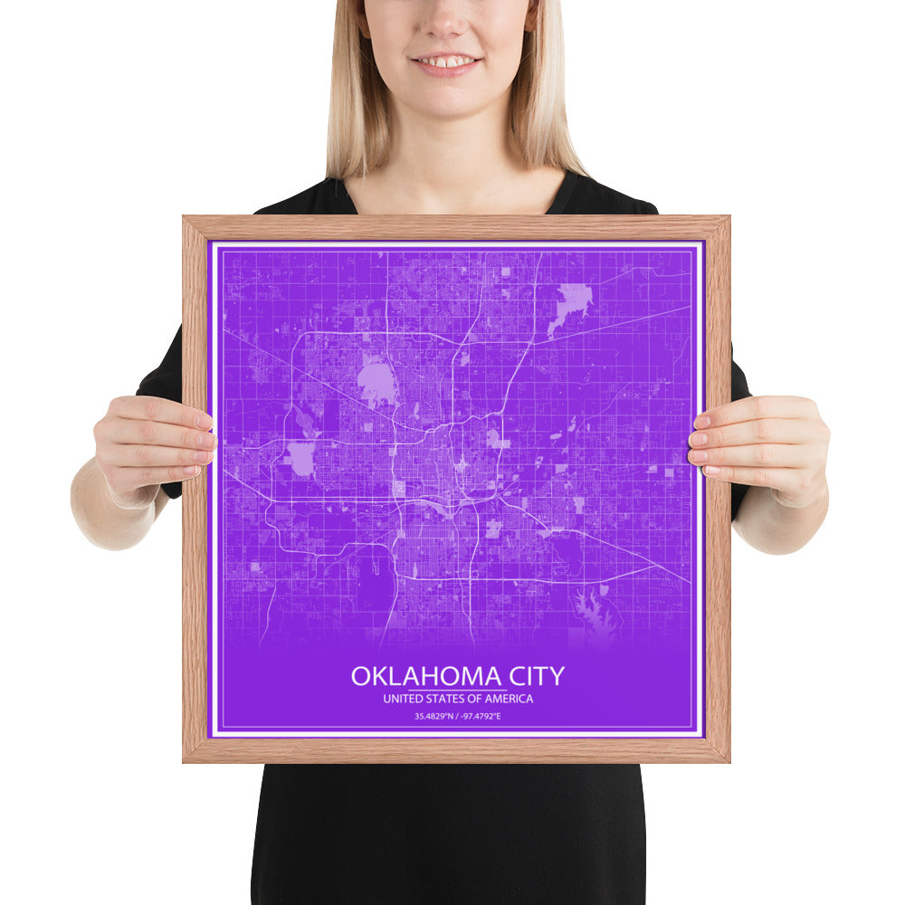 Oklahoma City Purple and White Framed Map