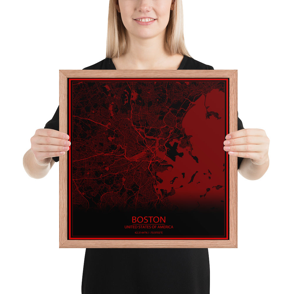 Boston Black and Red Framed Map