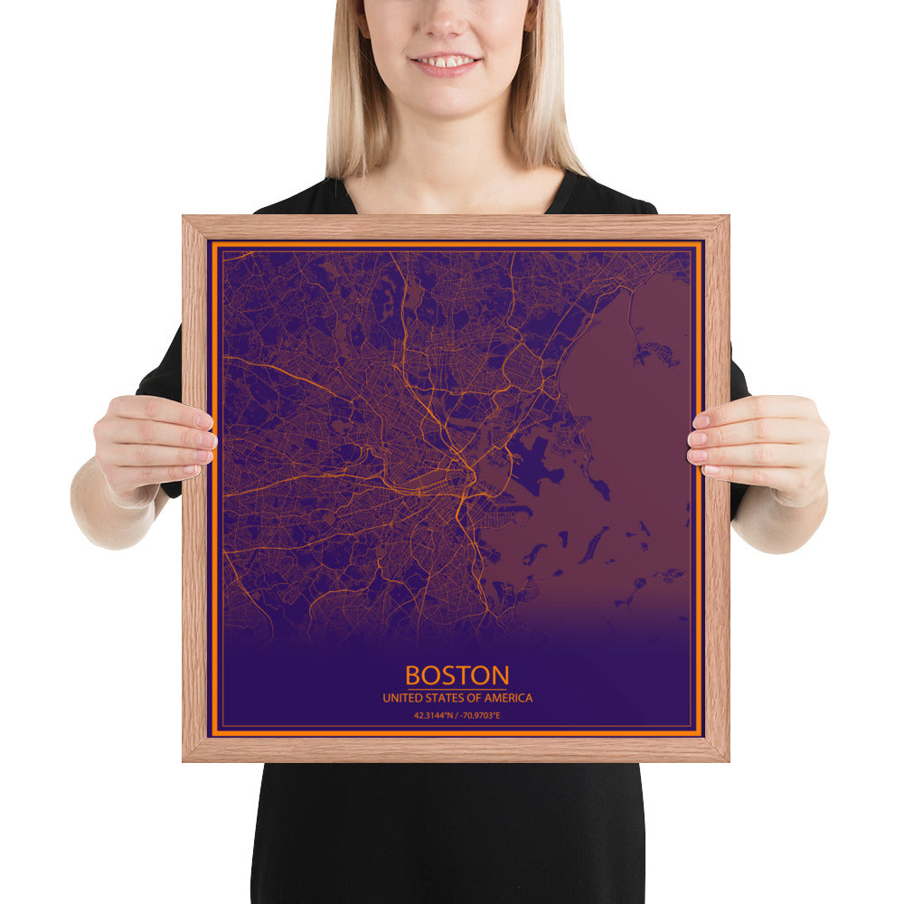 Boston Purple and Orange Framed Map