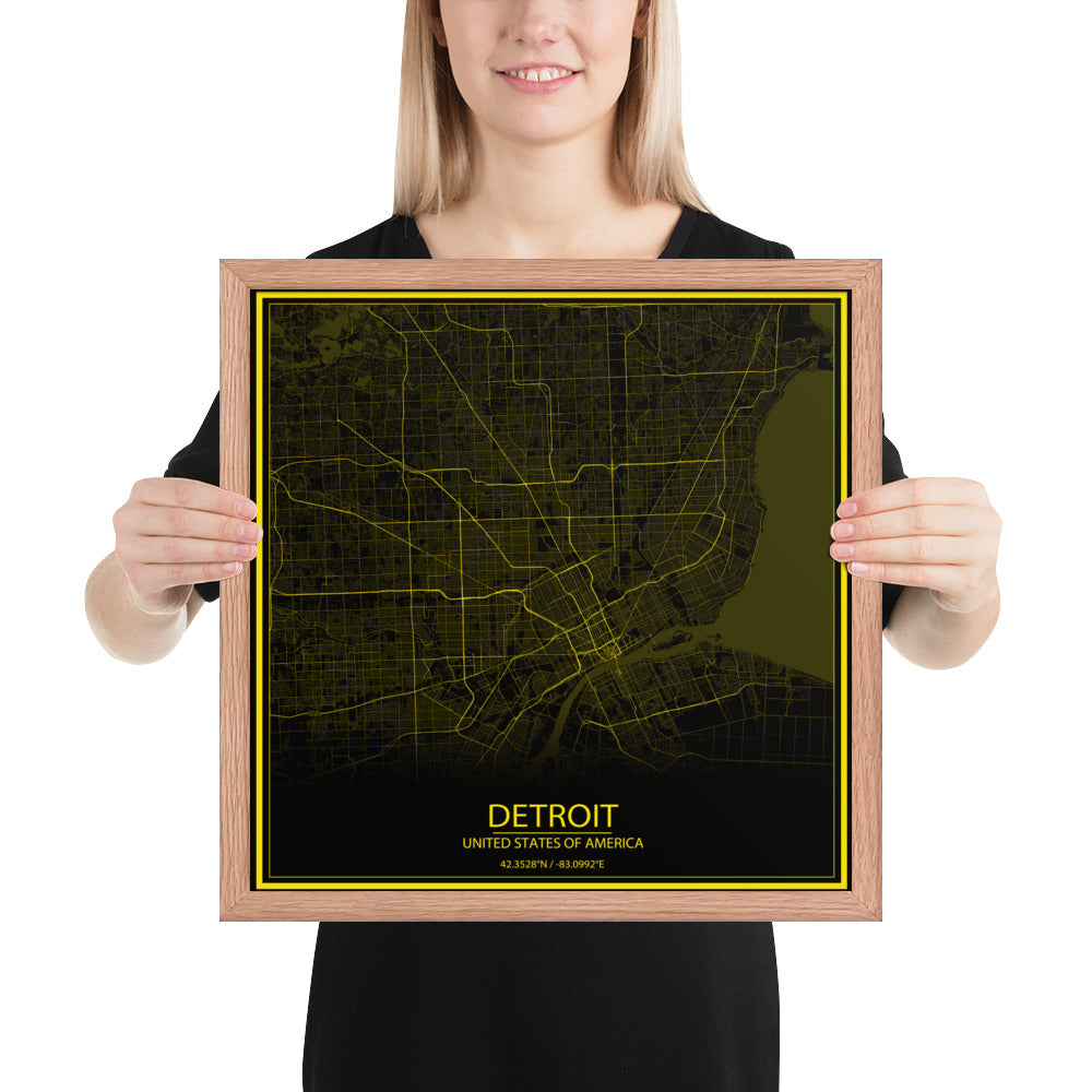 Detroit Black and Yellow Framed Map