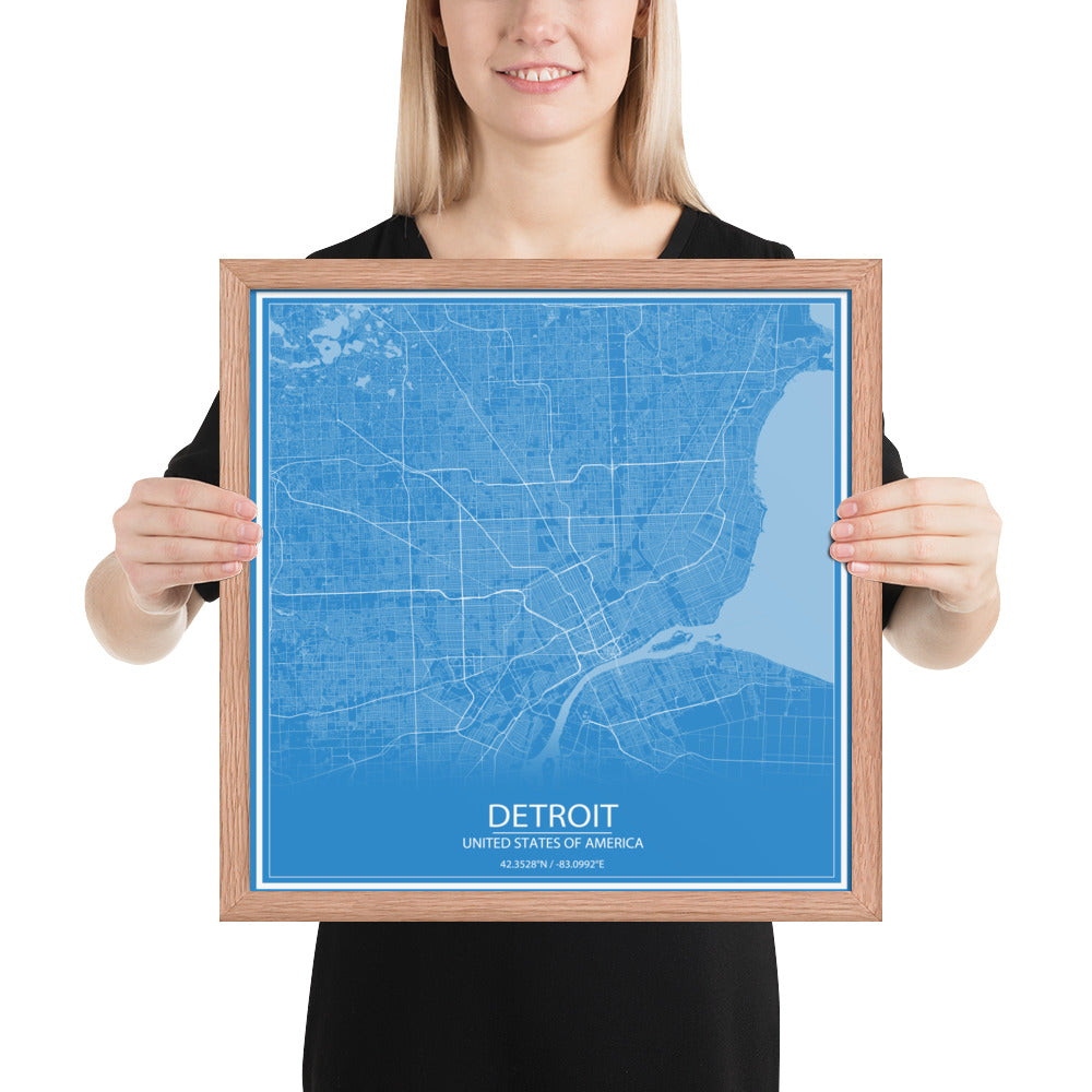 Detroit Blue and White Framed Map