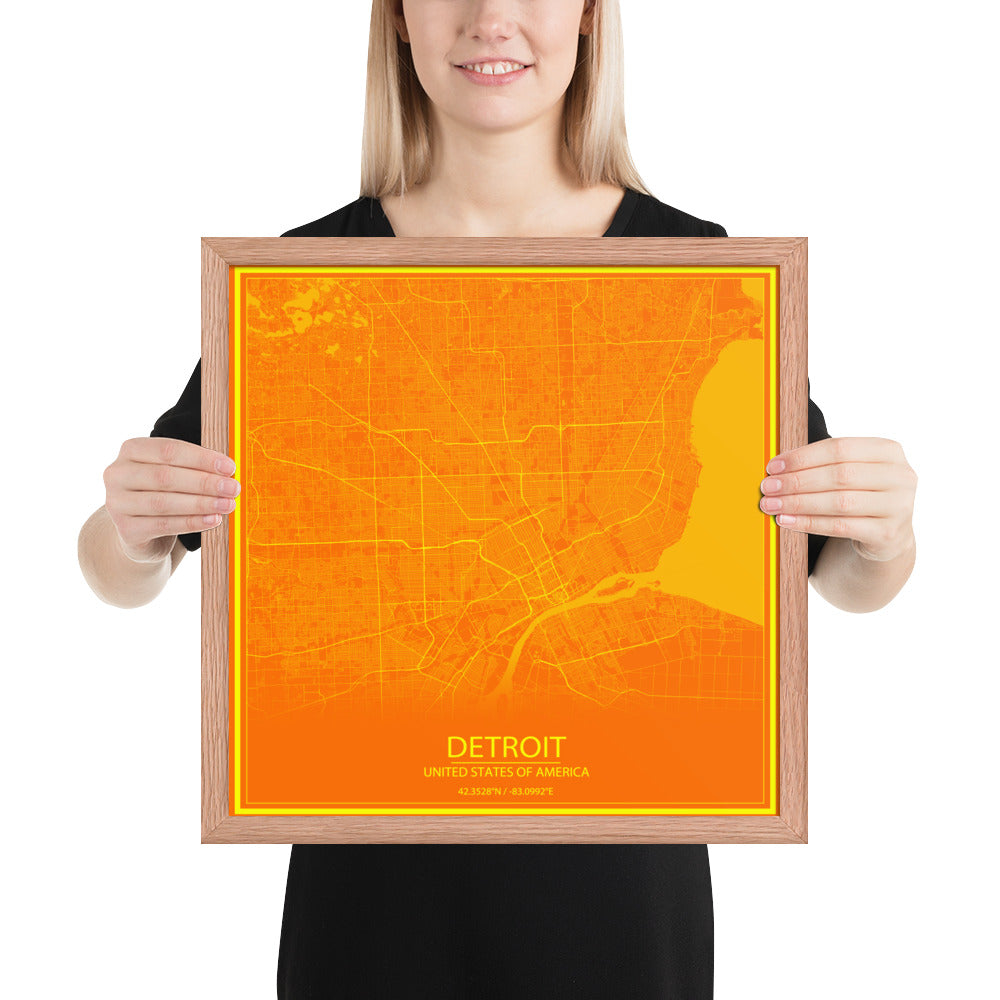 Detroit Orange and Yellow Framed Map