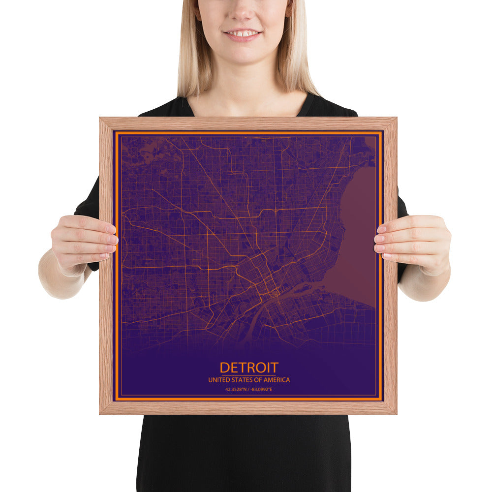 Detroit Purple and Orange Framed Map