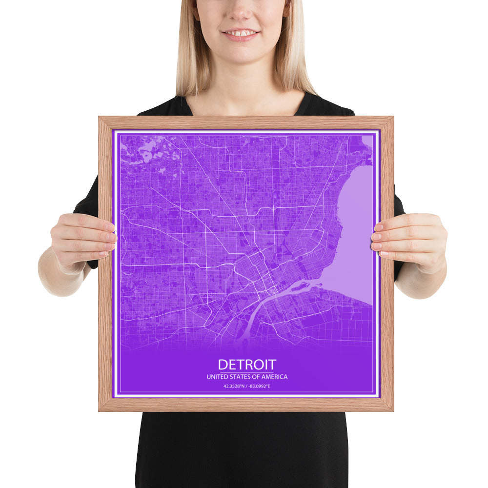 Detroit Purple and White Framed Map