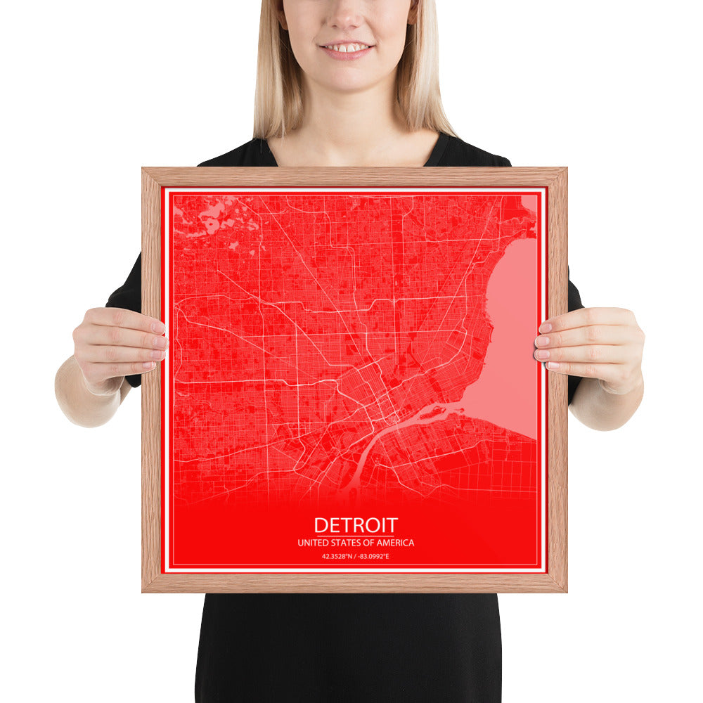 Detroit Red and White Framed Map