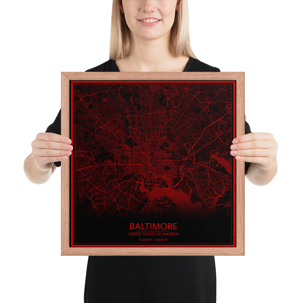 Baltimore Black and Red Framed Map