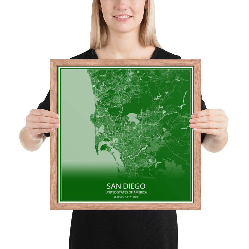 San Diego Green and White Framed Map