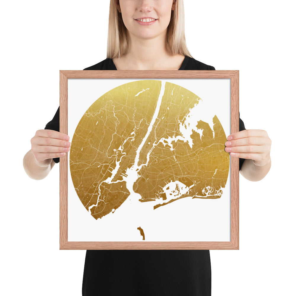 New York Gold on White Framed Map