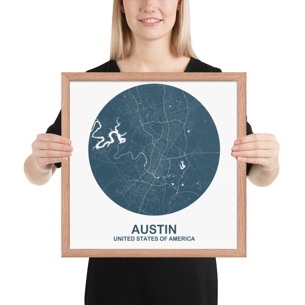 Austin Circular Blue Framed Map