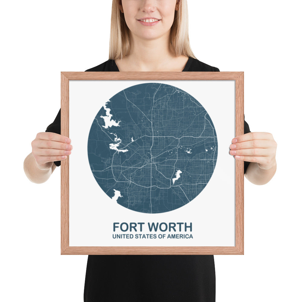 Fort Worth Circular Blue Framed Map