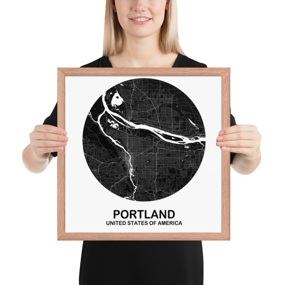 Portland Circular Black Framed Map