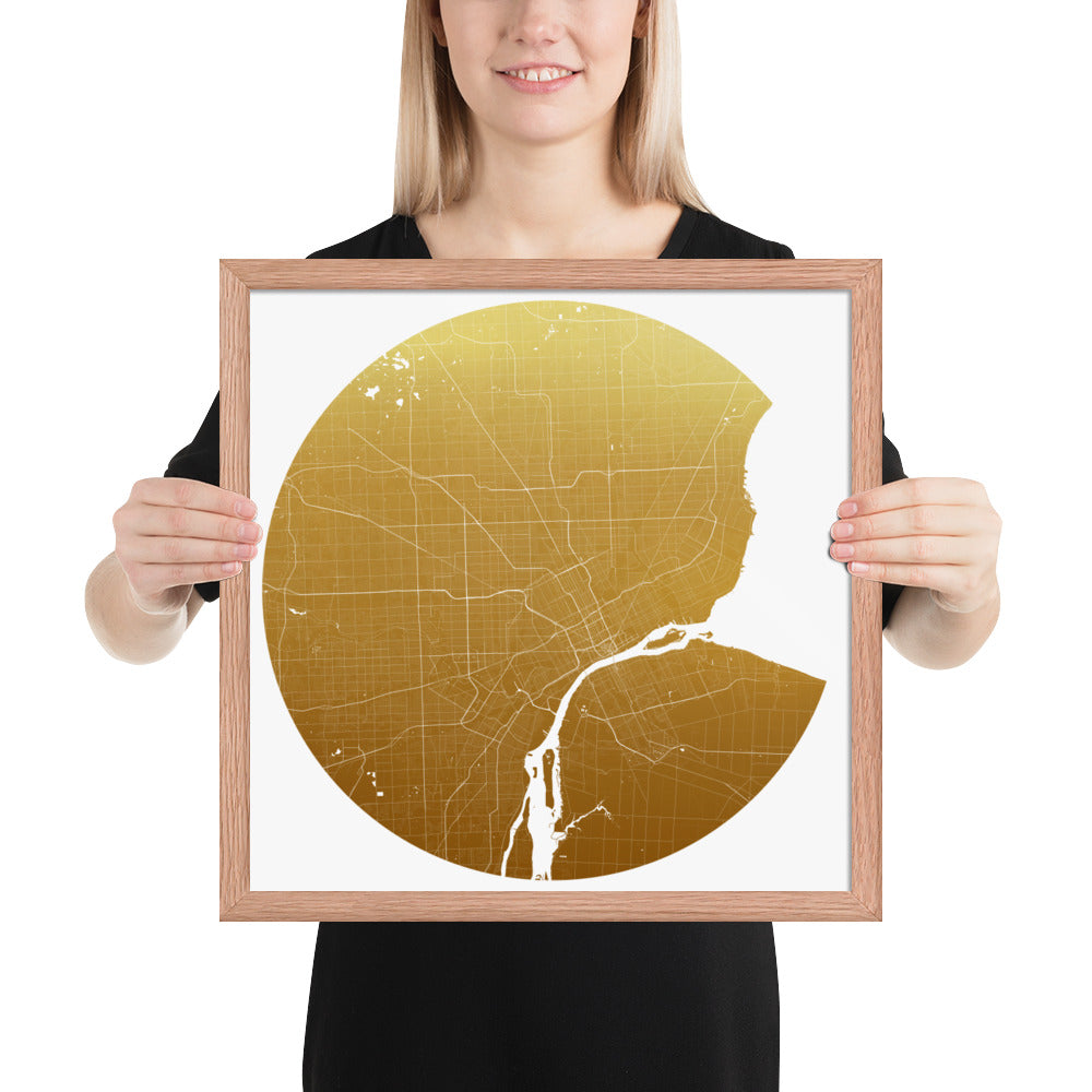 Detroit Gold on White Framed Map