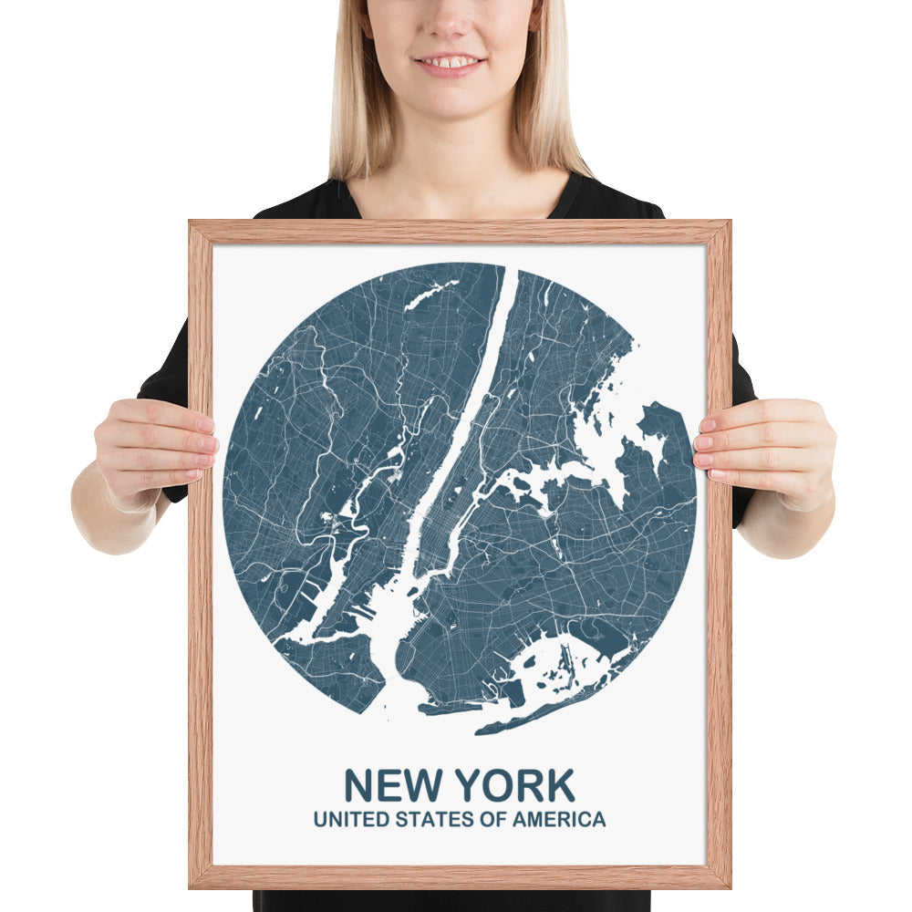 New York Circular Blue Framed Map