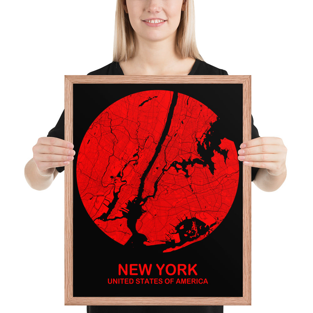 New York Circular Red Framed Map