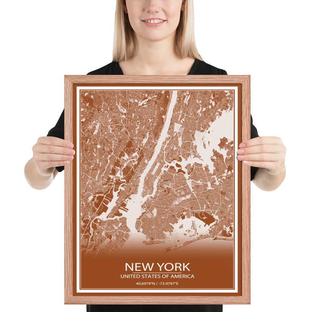 New York Brown and White Framed Map