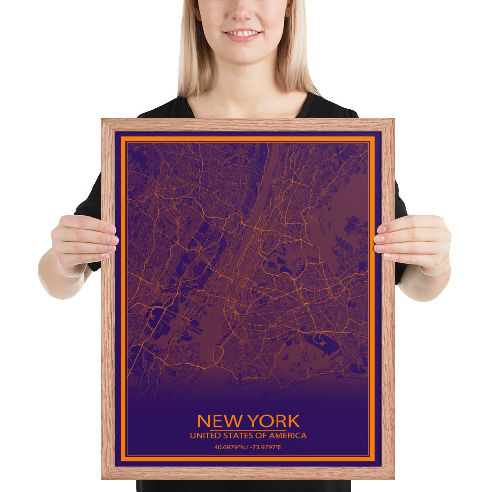 New York Purple and Orange Framed Map