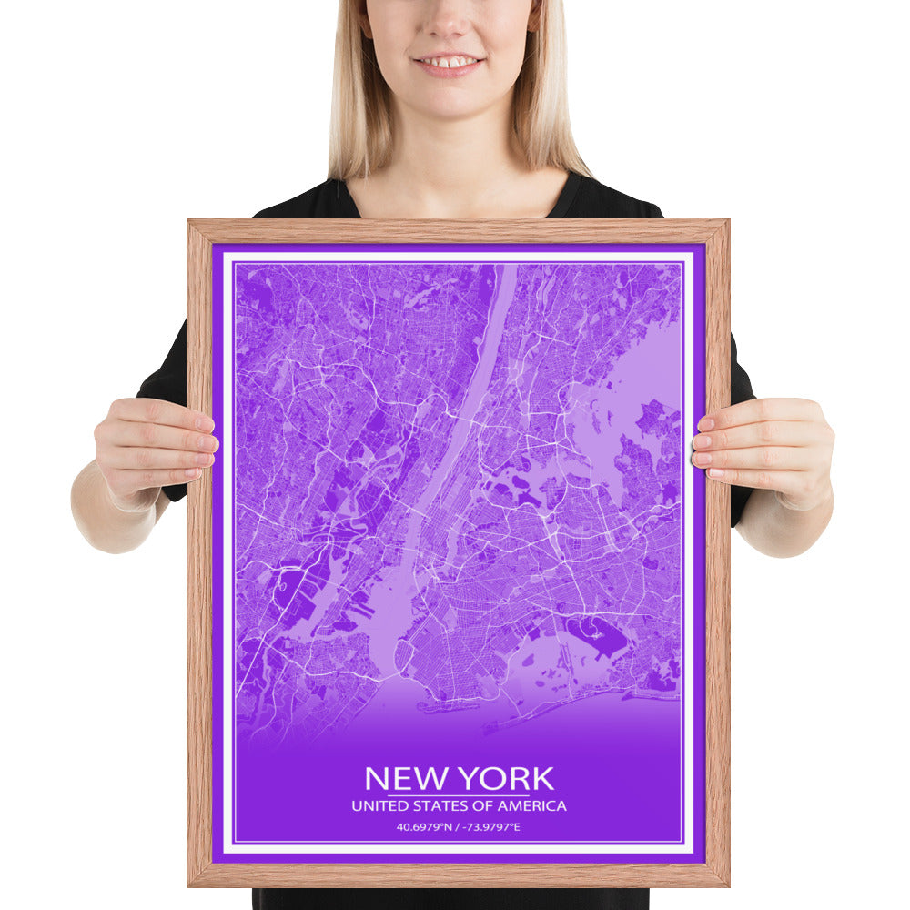 New York Purple and White Framed Map