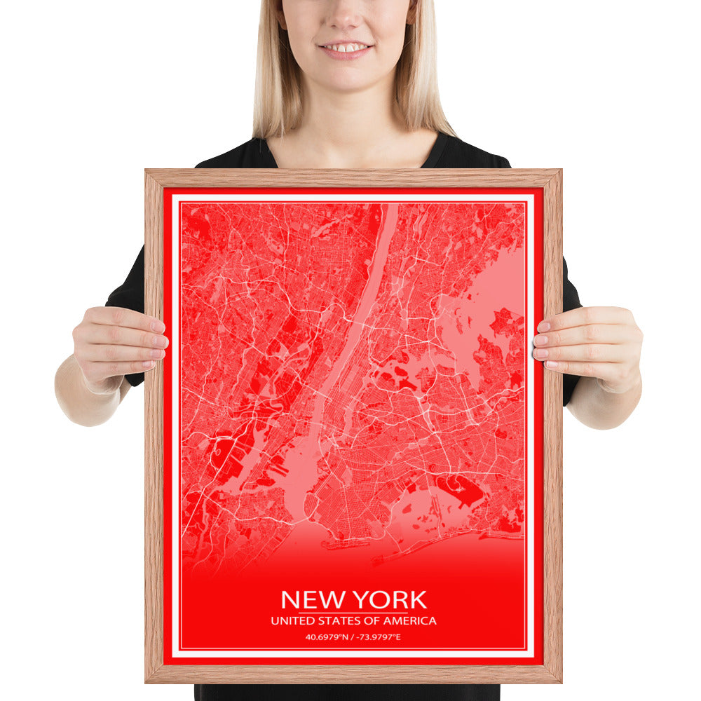 New York Red and White Framed Map