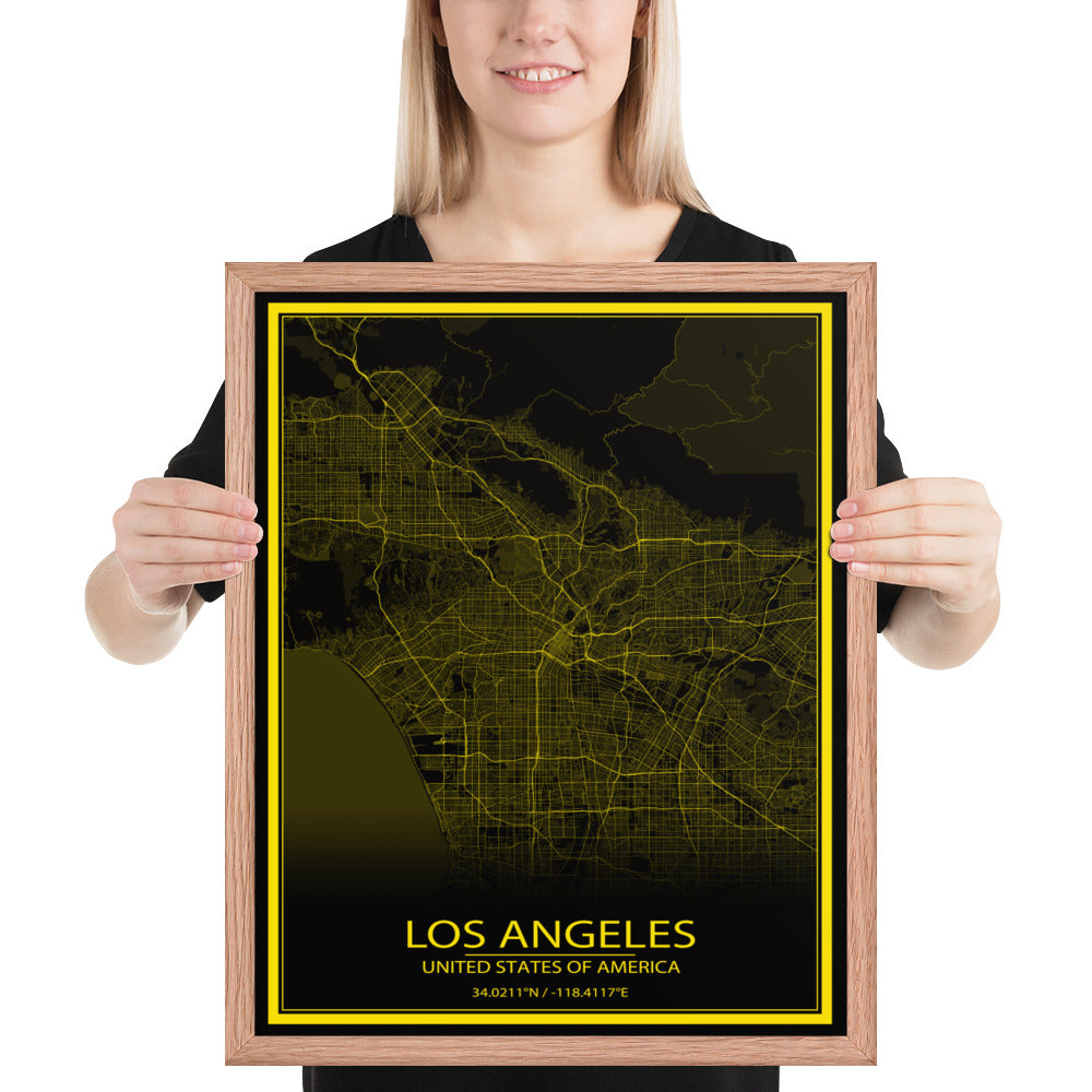 Los Angeles Black and Yellow Framed Map