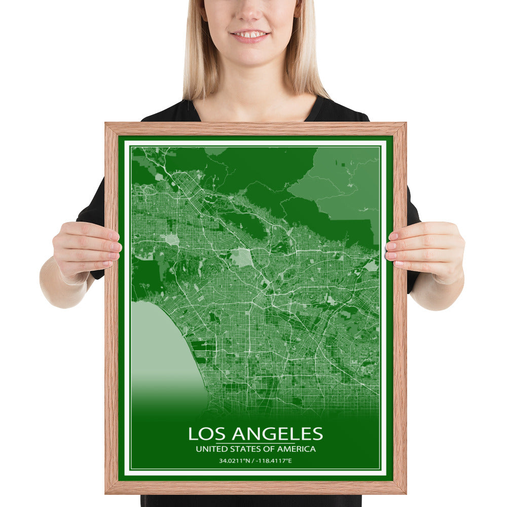 Los Angeles Green and White Framed Map