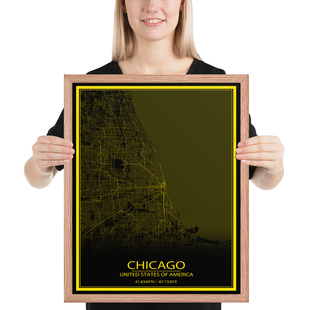 Chicago Black and Yellow Framed Map