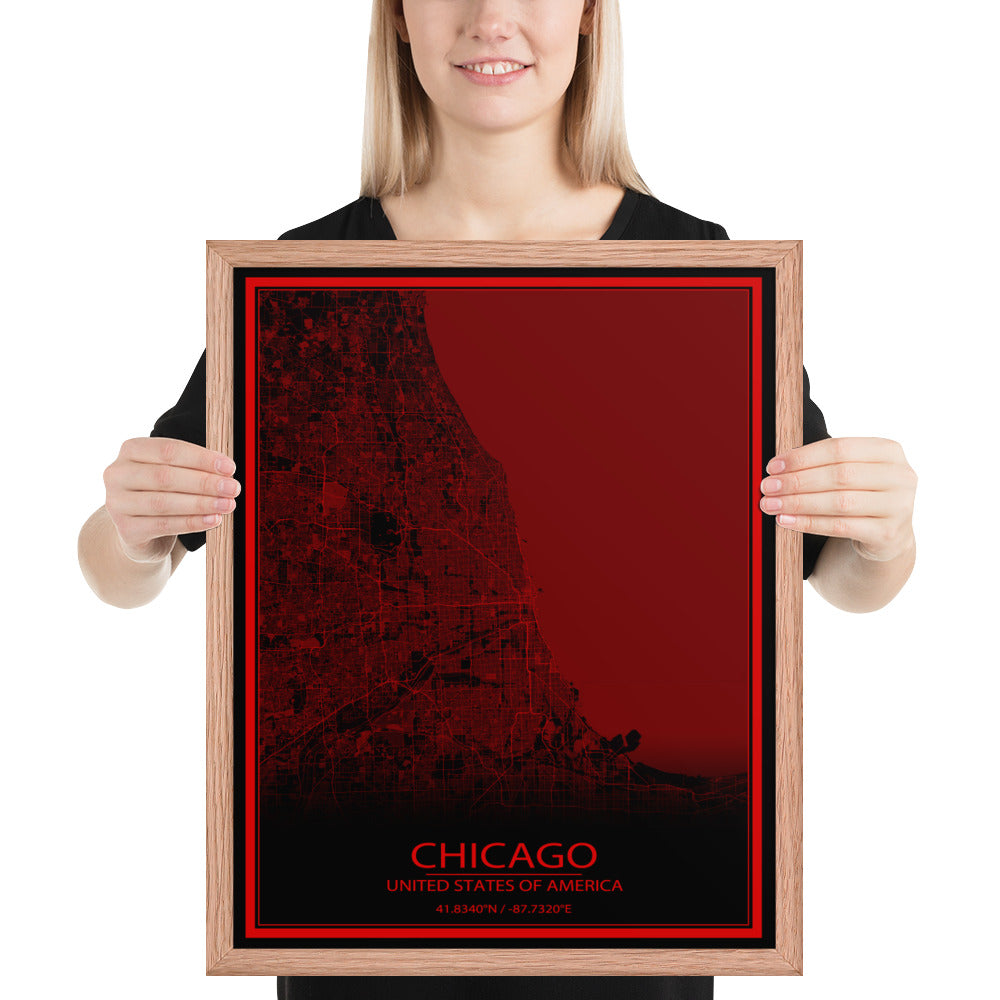 Chicago Black and Red Framed Map