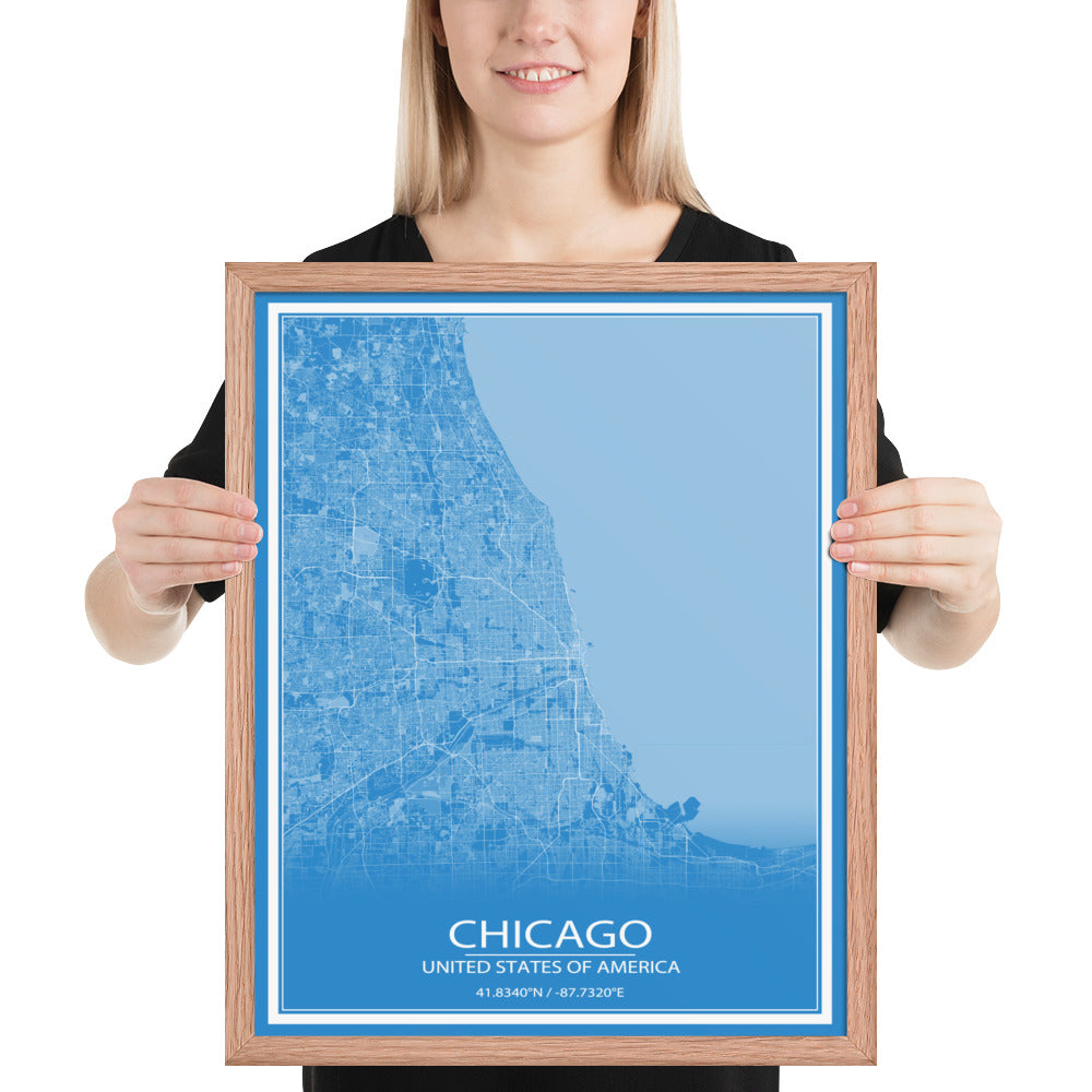 Chicago Blue and White Framed Map