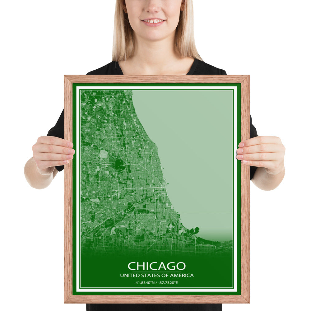 Chicago Green and White Framed Map